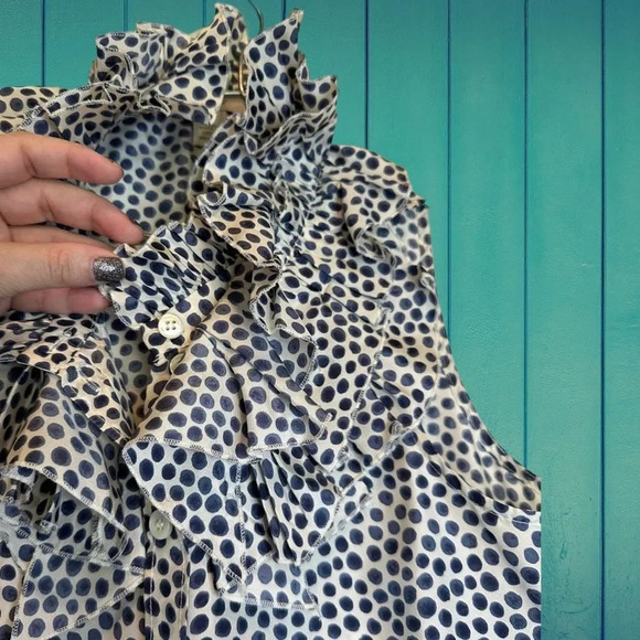 J. Crew Silk Ruffle Collar Polka Dot Sleeveless Button Up Blouse size 0 - Picture 2 of 6